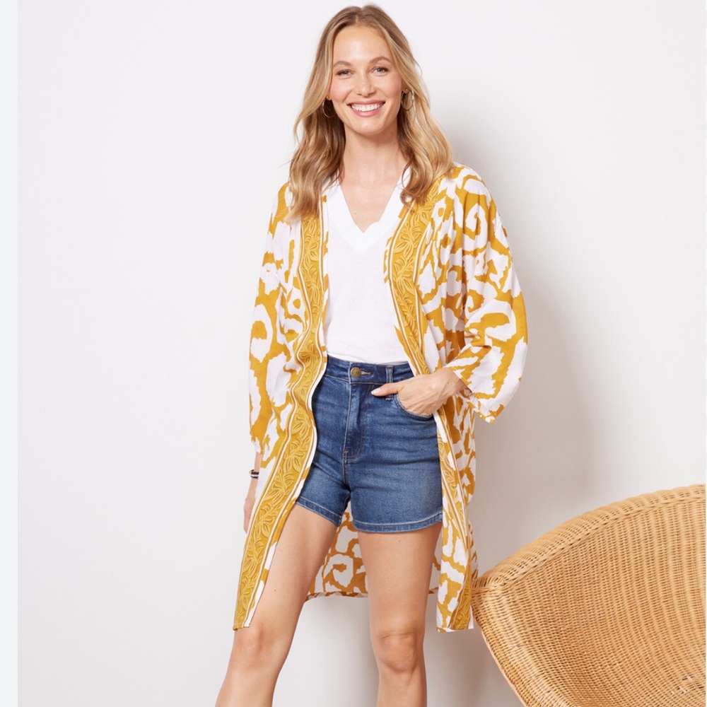 Tolani White and Mustard Yellow Patterned Kimono